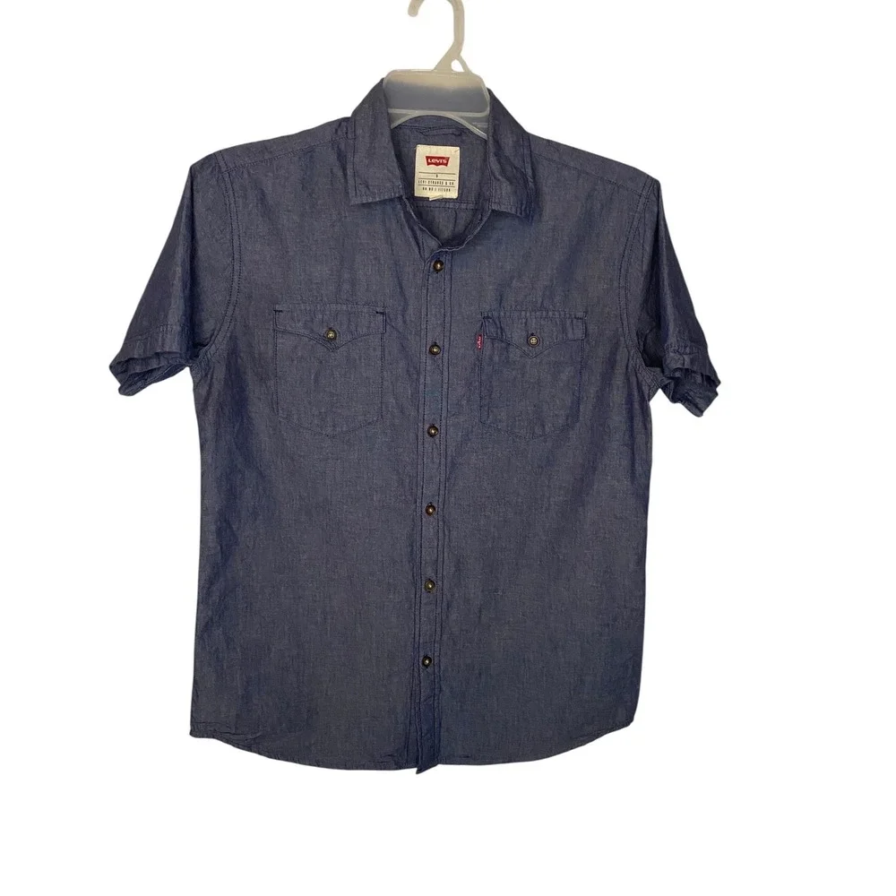 Levis Mens Blue Short Sleeve Denim Button Up Shirt Lightweight Small